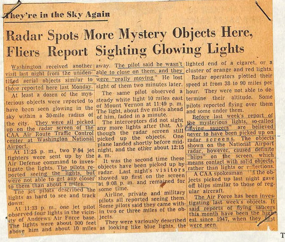 Recorte de jornal amarelado em três colunas, com a manchete Radar Spots More Mystery Objects Here e trechos sublinhados a caneta.