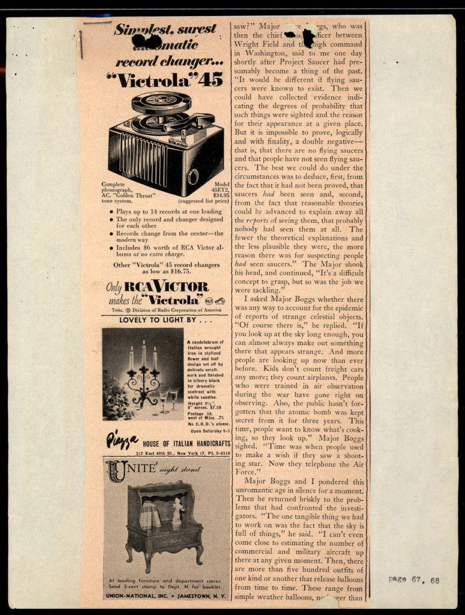 Página de revista com anúncios e uma coluna de texto sobre discos voadores