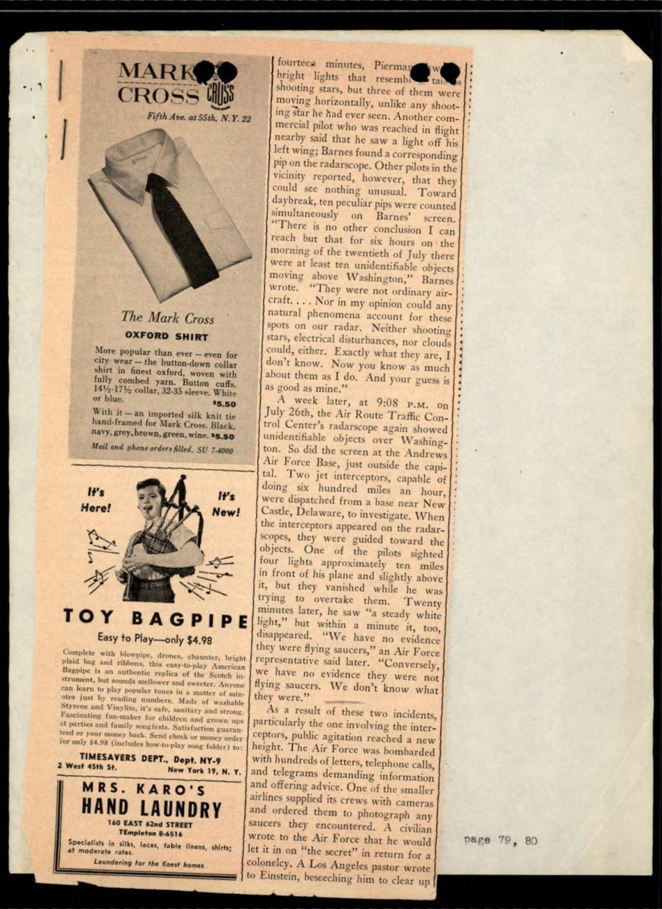 Coluna de texto de revista ao lado de anúncios de camisa e de uma gaita de foles de brinquedo