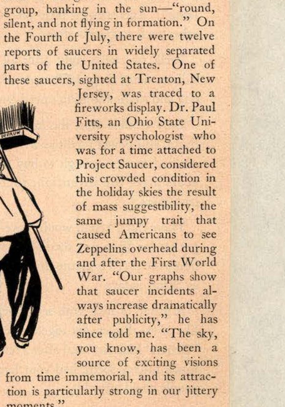 Recorte de coluna de revista impressa em papel amarelado, com o trecho sobre os relatos de discos voadores de 4 de julho de 1947 e o caso de Trenton.