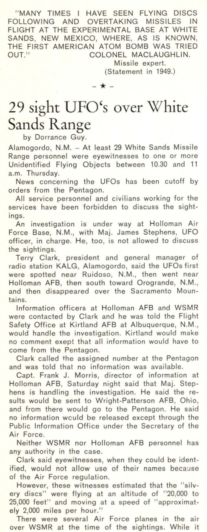 Coluna de revista impressa com uma epígrafe em maiúsculas e o título 29 sight UFO's over White Sands Range, by Dorrance Guy.