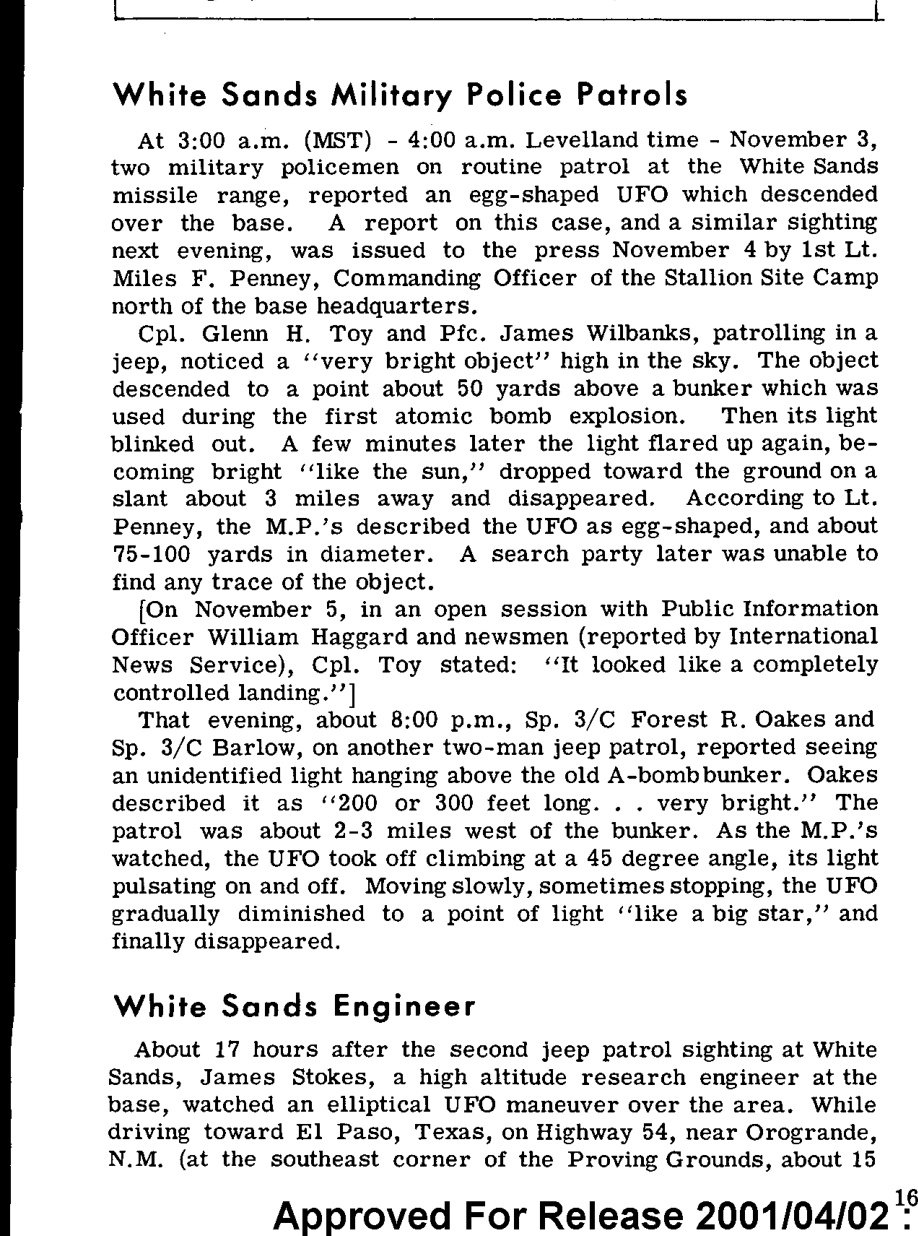 Coluna de texto impresso com os títulos White Sands Military Police Patrols e White Sands Engineer.