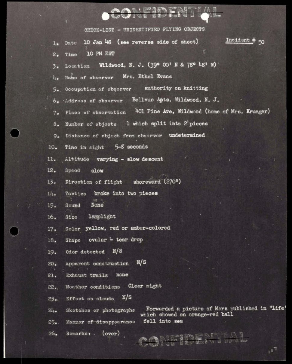 Formulário datilografado Check-list - Unidentified Flying Objects com carimbos Confidential riscados no alto e embaixo, a anotação Incident # 50 e 26 itens preenchidos.