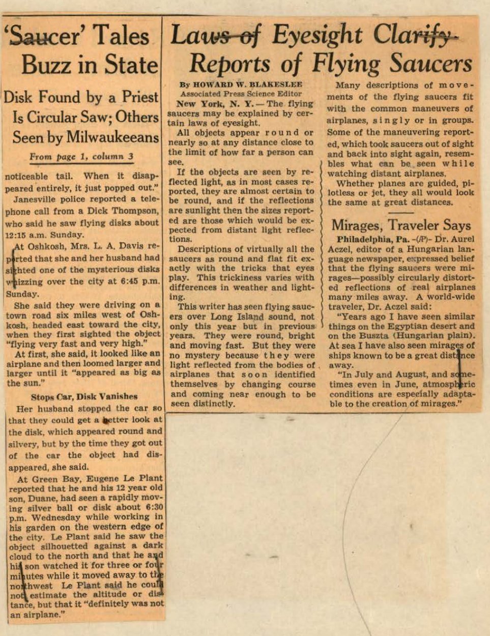 Recorte de jornal em duas partes: à esquerda relatos de Wisconsin, à direita artigo sobre leis da visão.