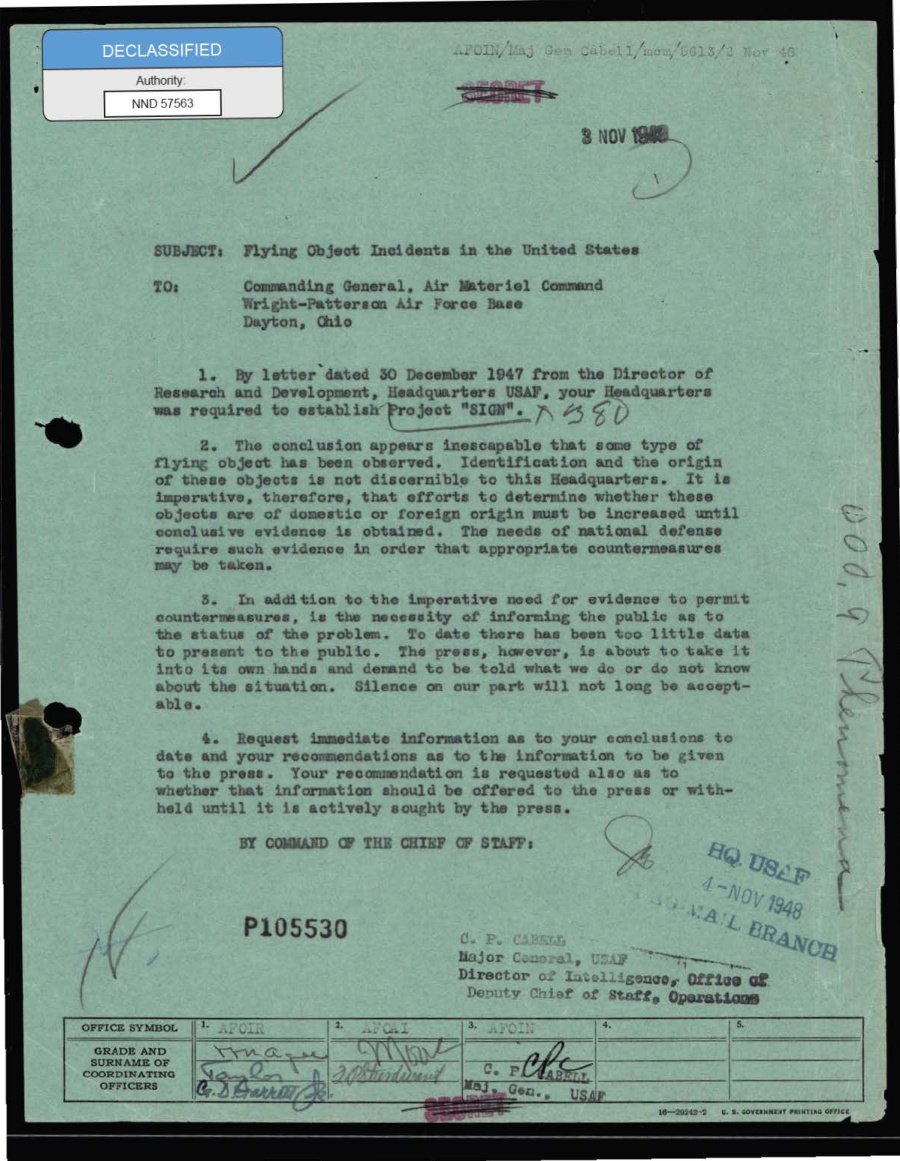 Página datilografada em papel esverdeado com o assunto Flying Object Incidents in the United States, carimbos de data e assinatura de C. P. Cabell.