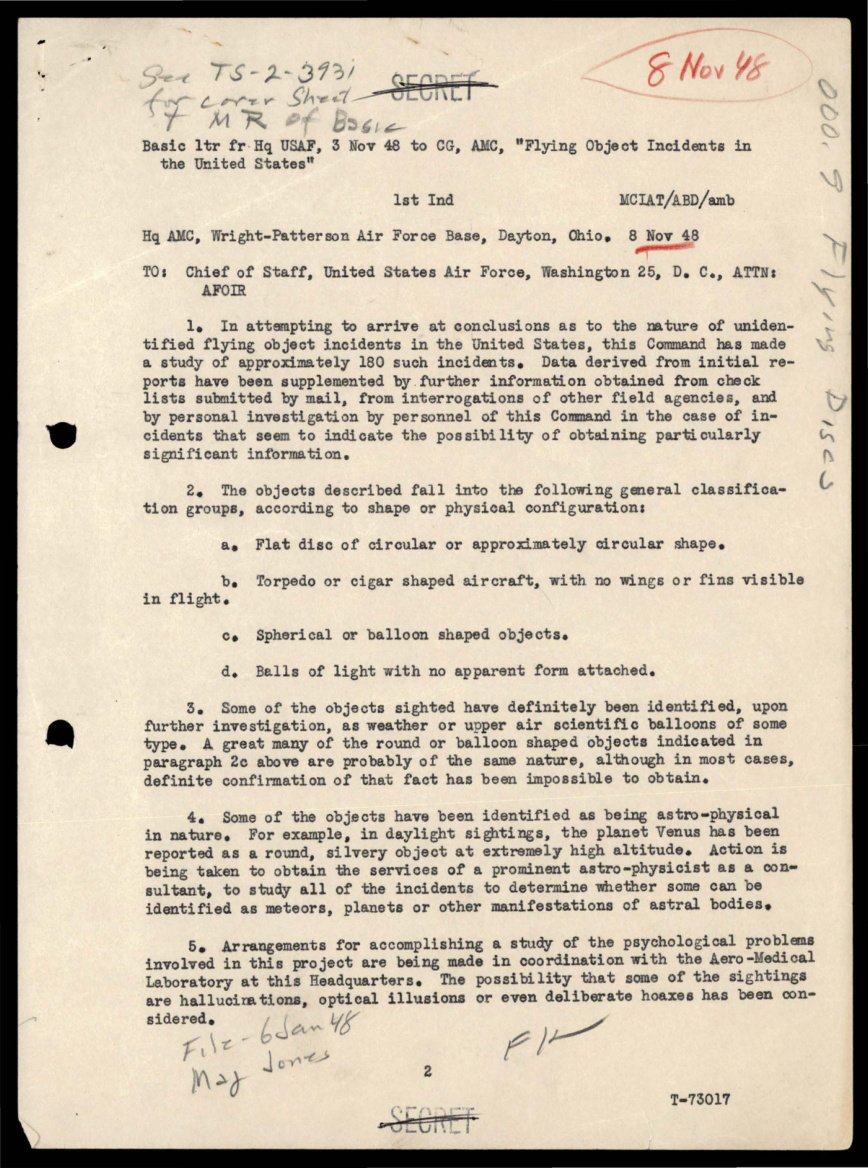 Página datilografada com carimbo vermelho de 8 Nov 48, parágrafos numerados e lista de quatro formas de objetos.