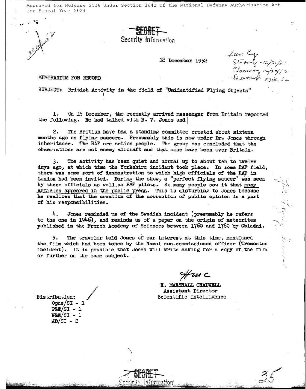 Memorando da CIA de 18/12/1952 sobre a atividade britânica e o incidente de Yorkshire