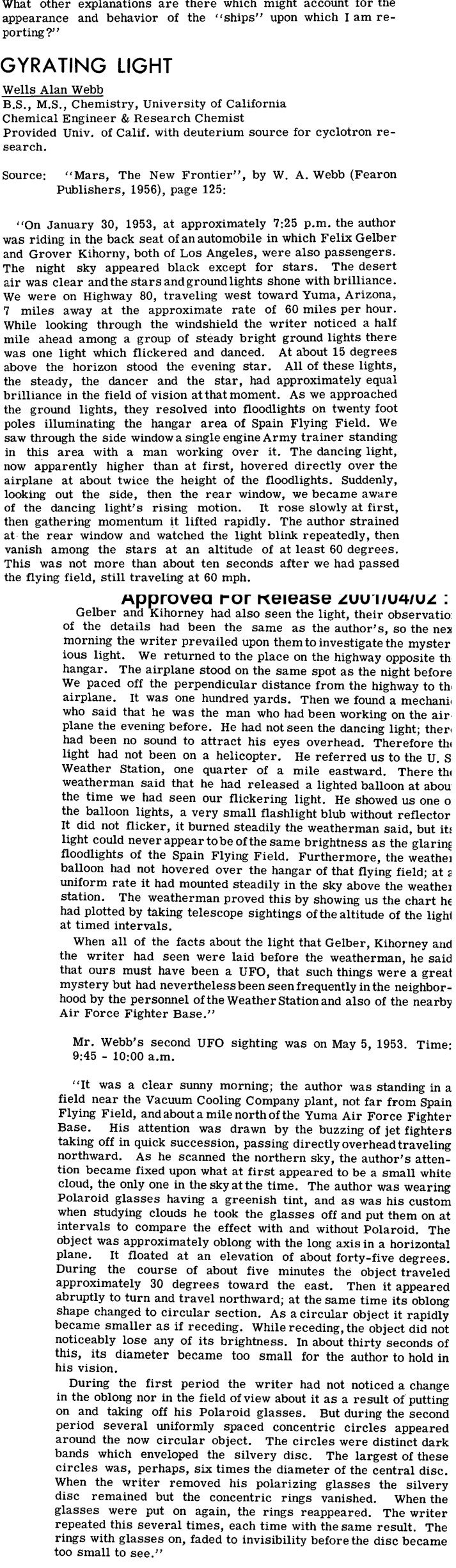 Recorte de duas colunas impressas com o relato de Wells Alan Webb sobre Yuma, 1953.